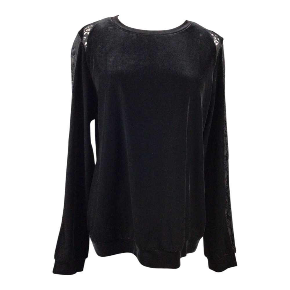 C. Luce Black Velvet Long-Sleeve Top Lace Trim Large